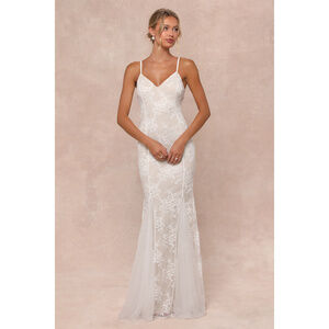 Immaculate Grace White and Beige Lace Mermaid Maxi Dress